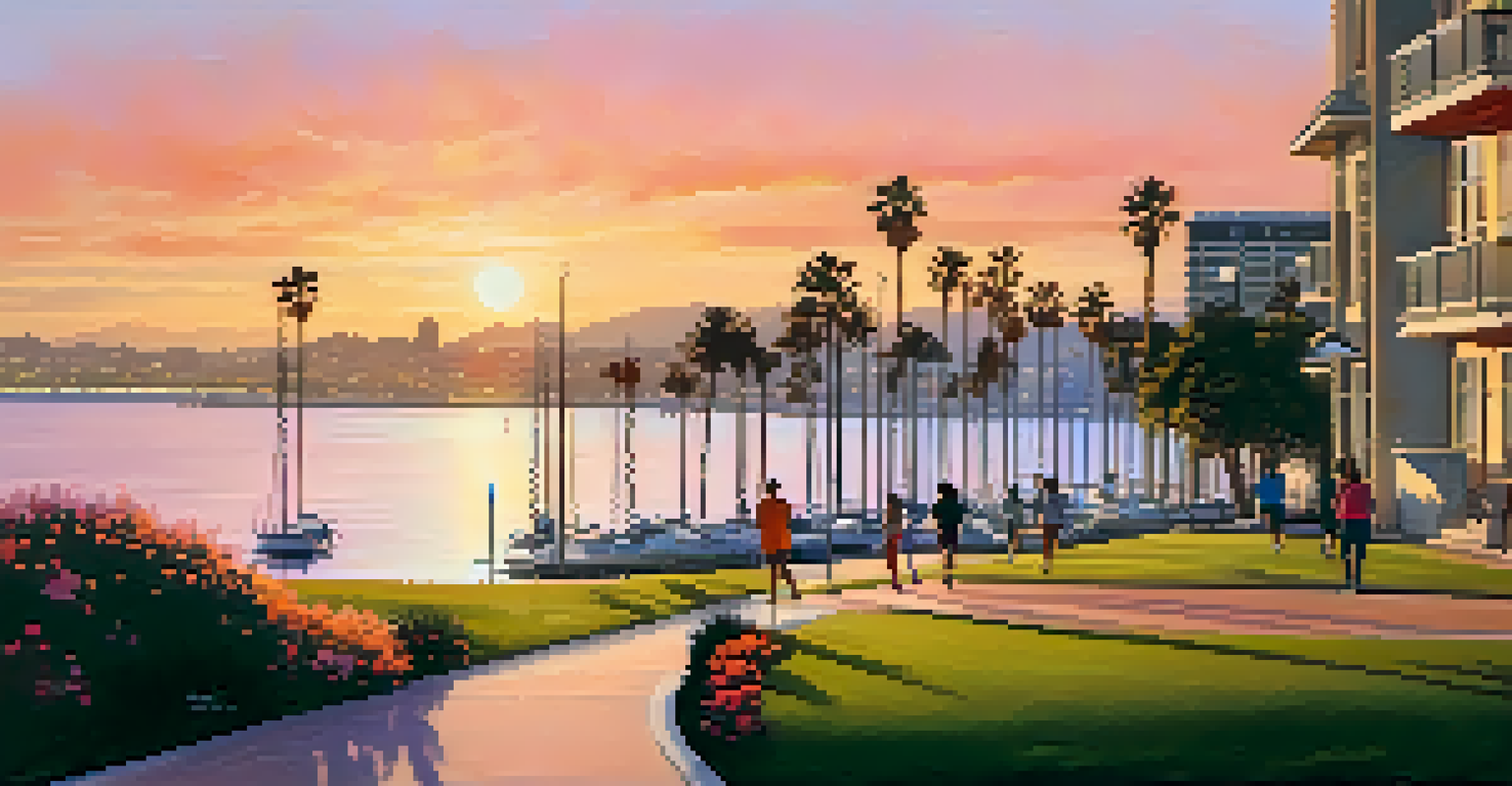 Runners on a path by Mission Bay at sunset, with families picnicking and sailboats in the background.