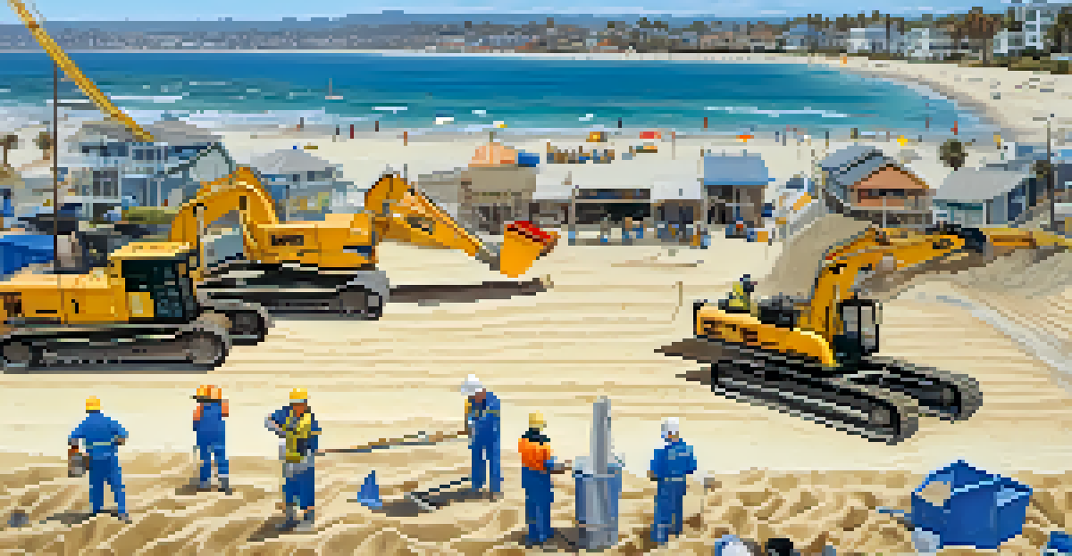 Aerial view of a beach nourishment project in San Diego with machinery adding sand.
