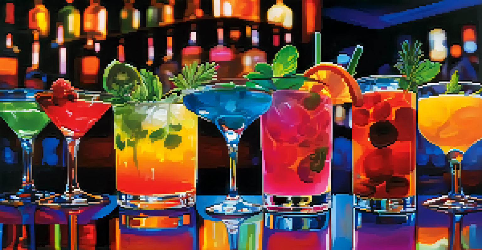 Colorful cocktails on a bar counter in a lively San Diego dance club.