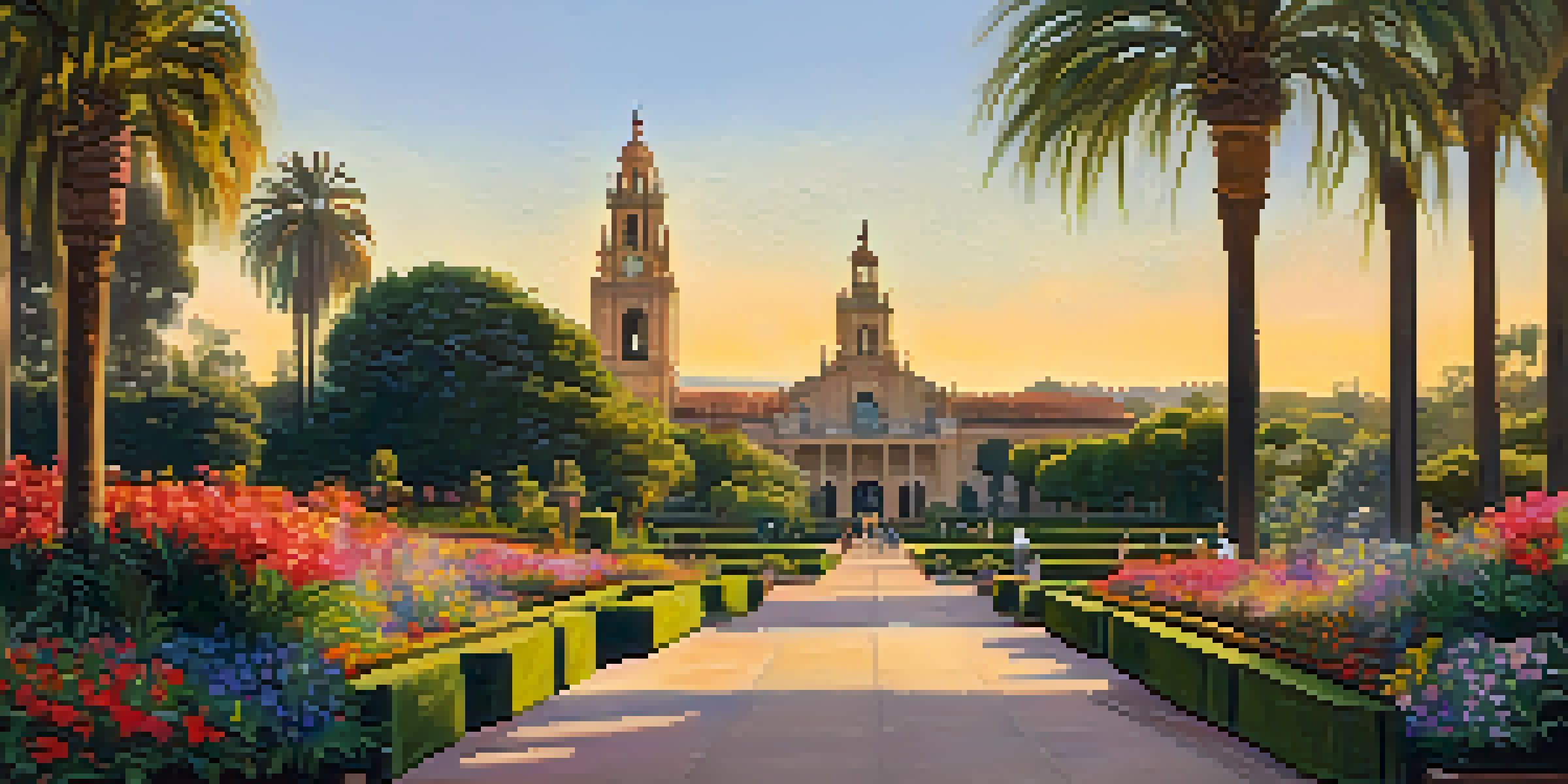 Panoramic view of Balboa Park in golden hour with Spanish Colonial architecture and lush gardens.