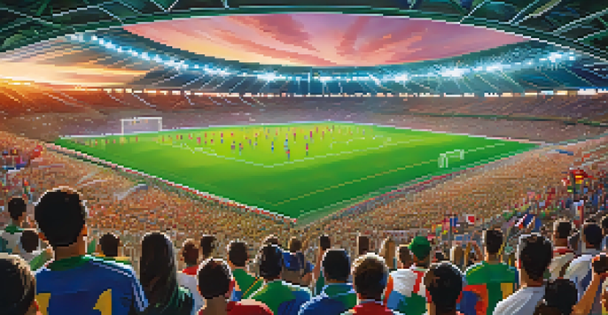 A crowded stadium during a soccer match with cheering fans and players on the field.