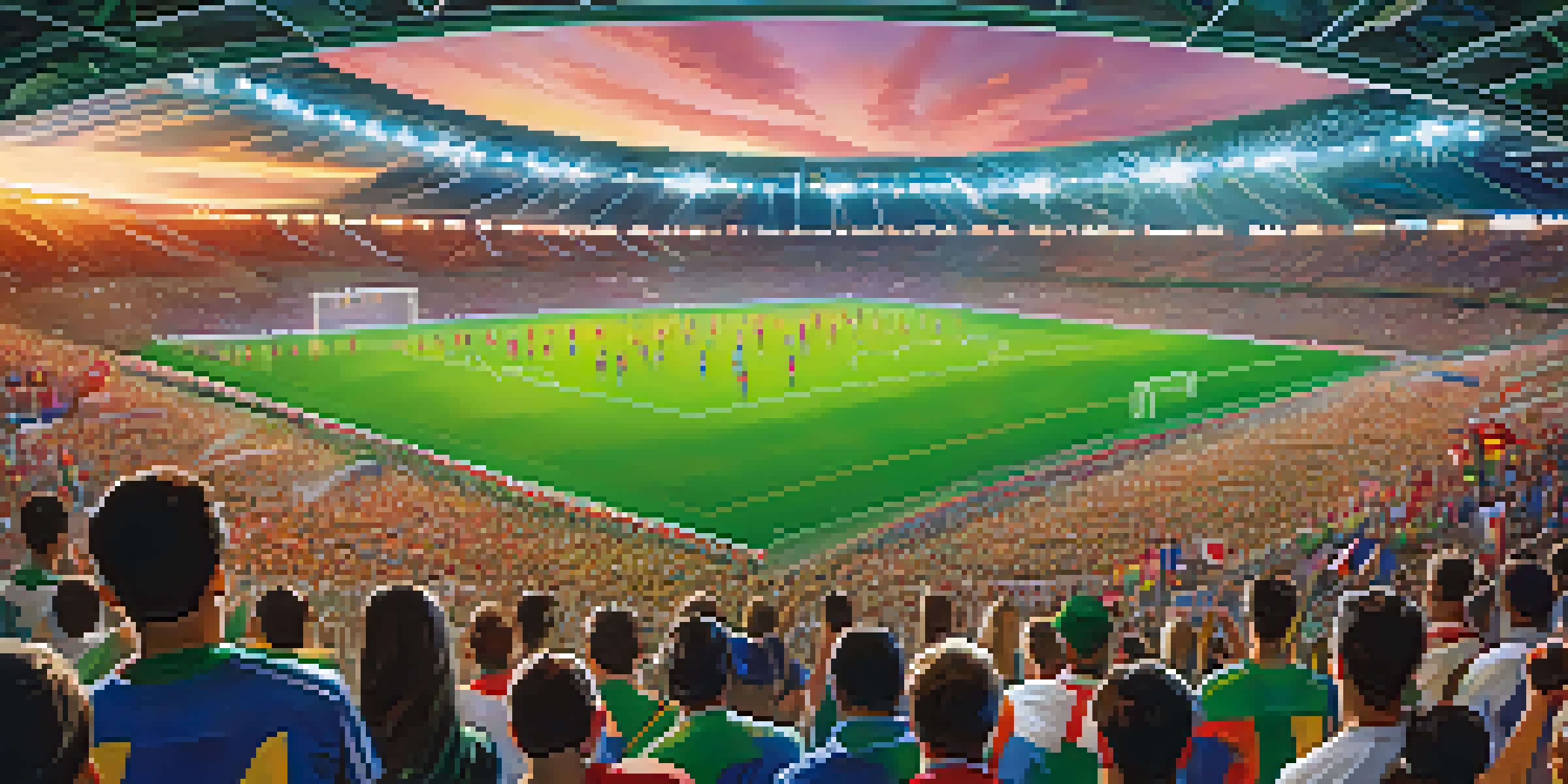 A crowded stadium during a soccer match with cheering fans and players on the field.