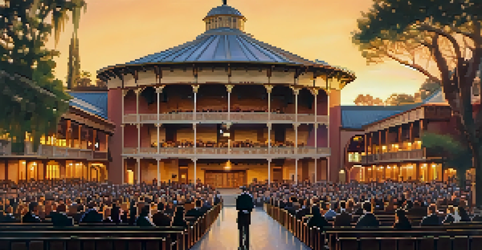 A historic theatre illuminated at sunset with an audience in formal attire gathered in front.