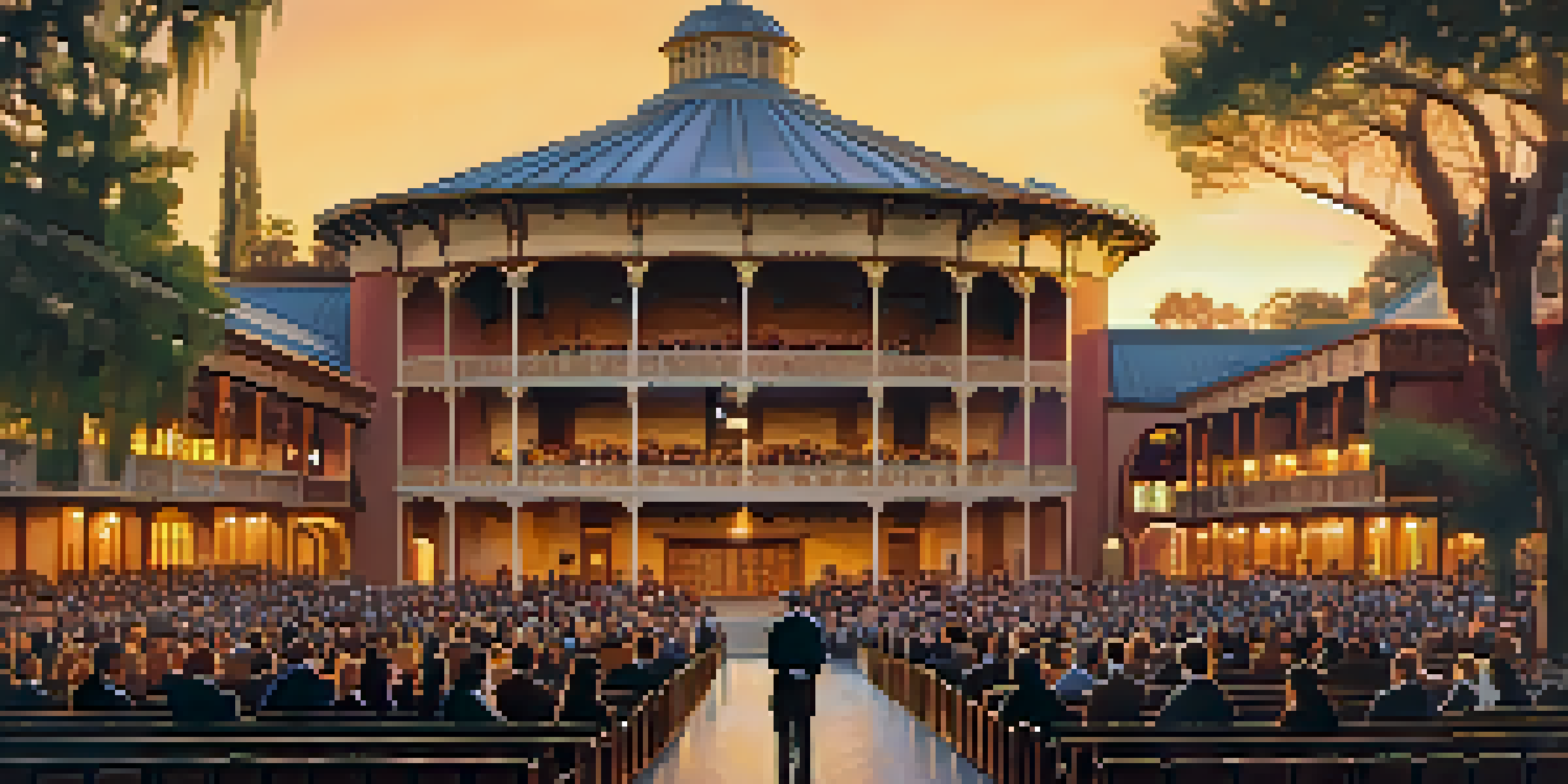 A historic theatre illuminated at sunset with an audience in formal attire gathered in front.
