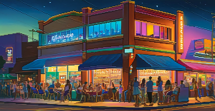 A lively street scene in Hillcrest, San Diego, filled with colorful neon lights, diverse people, and rainbow decorations, capturing the vibrant LGBTQ+ nightlife.