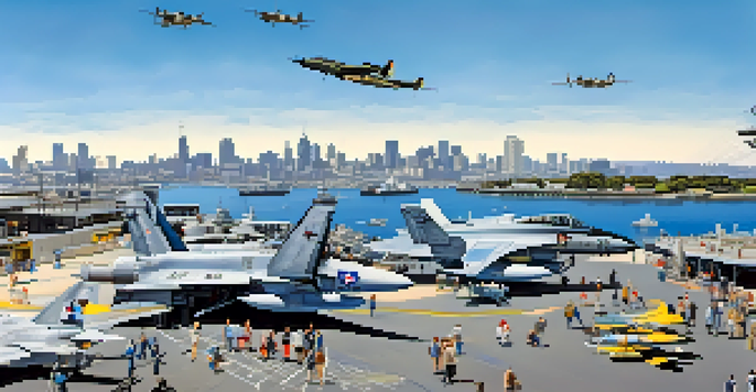 A wide view of the USS Midway Museum in San Diego, with visitors on the flight deck and city skyline in the background.