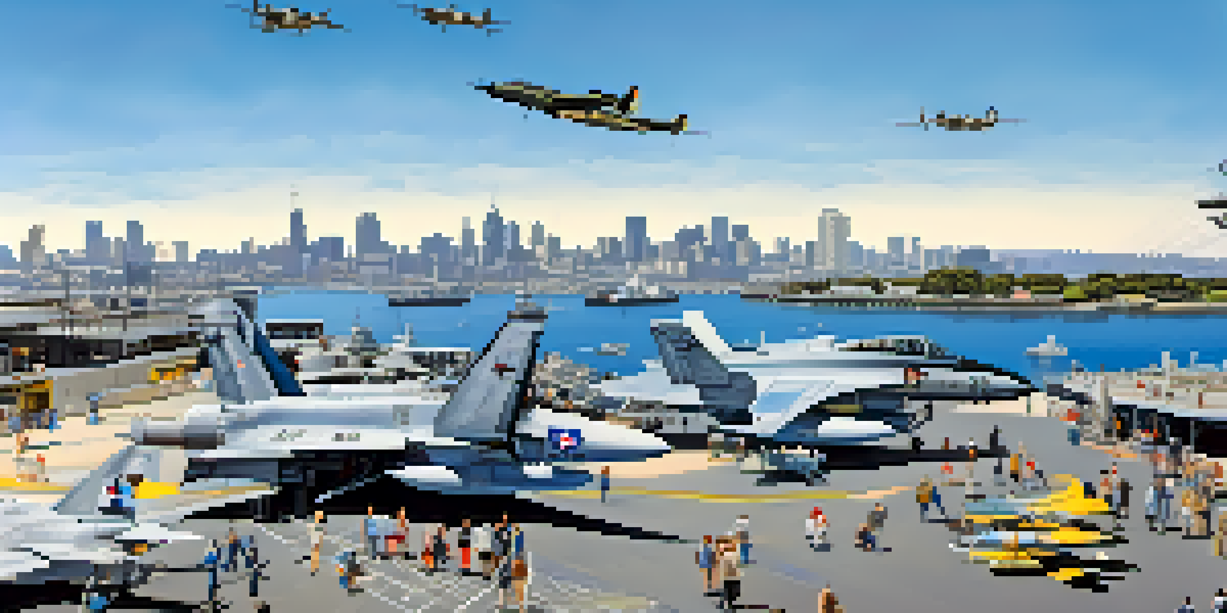 A wide view of the USS Midway Museum in San Diego, with visitors on the flight deck and city skyline in the background.