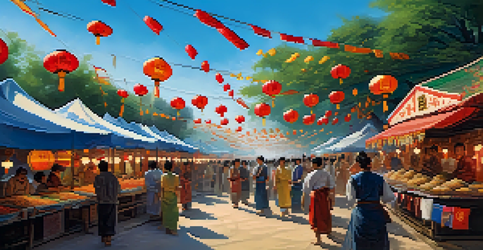 A lively Asian cultural festival with colorful banners, food stalls, and people enjoying the event under a clear blue sky.