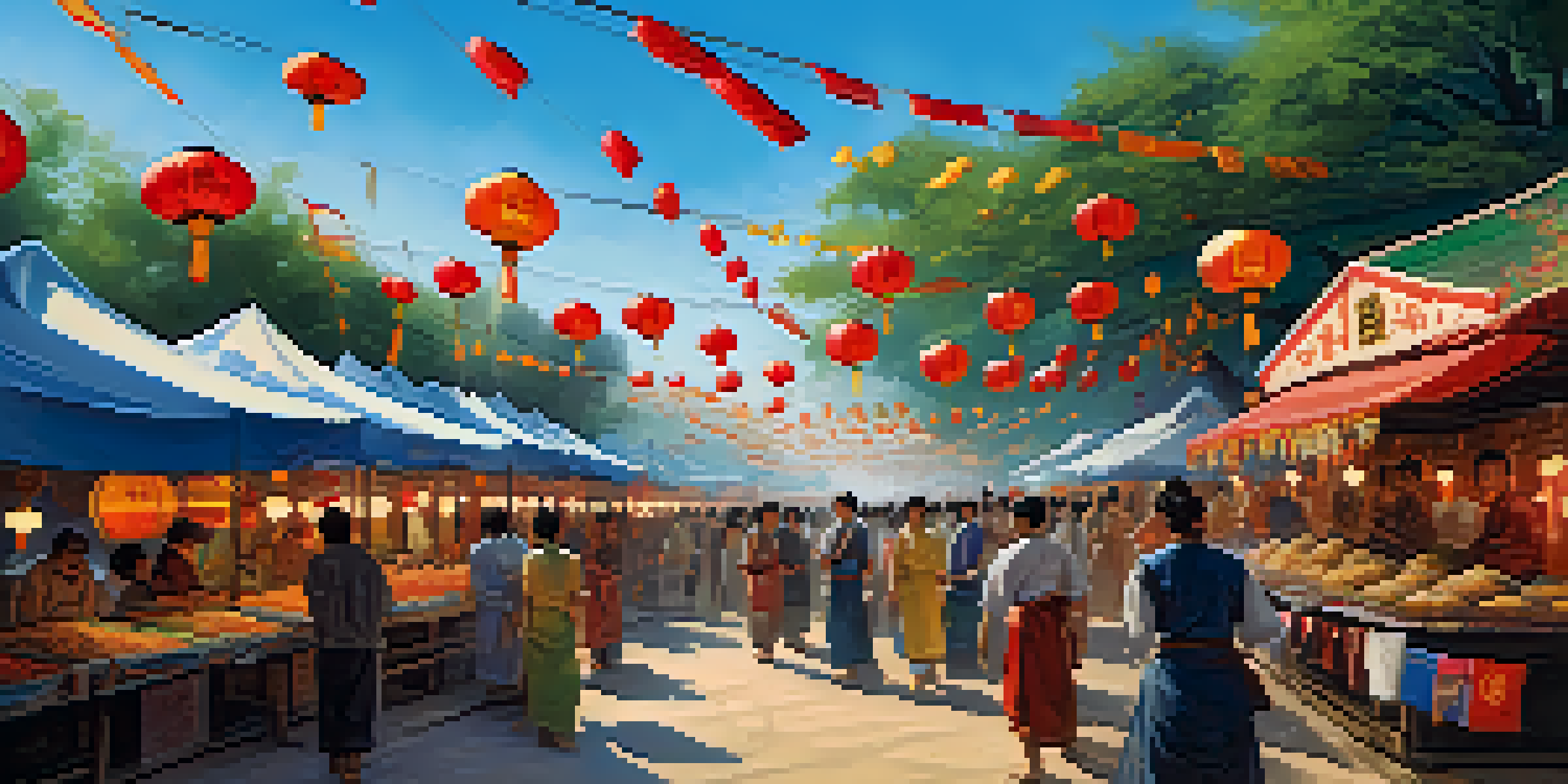 A lively Asian cultural festival with colorful banners, food stalls, and people enjoying the event under a clear blue sky.