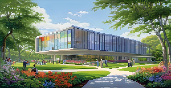 A modern biomedical research facility surrounded by greenery, with scientists discussing outside.