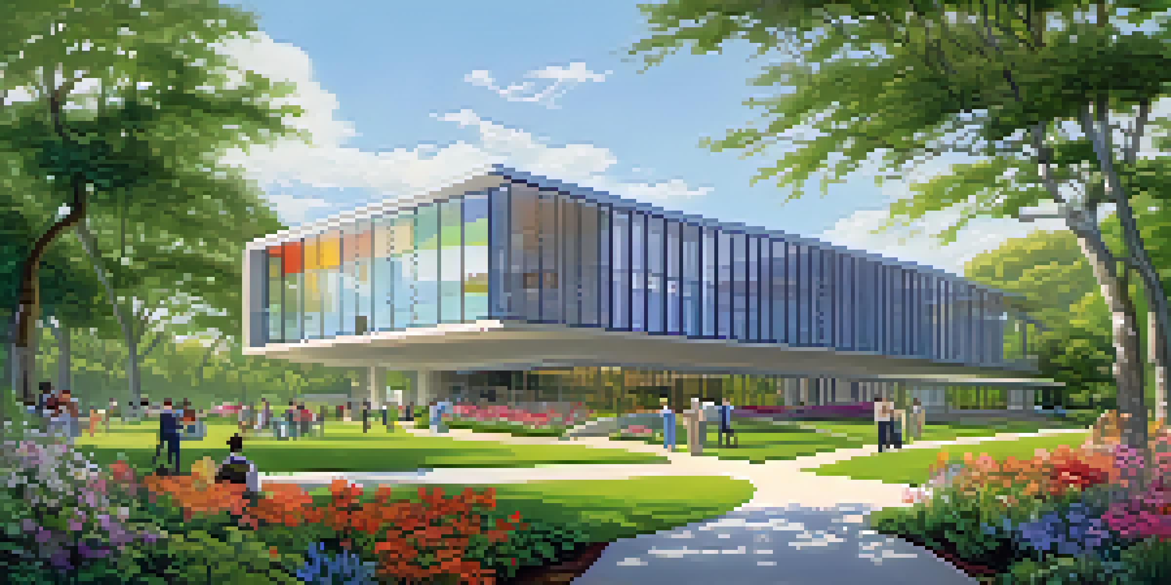 A modern biomedical research facility surrounded by greenery, with scientists discussing outside.