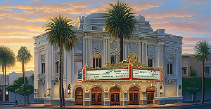 A beautifully lit exterior of the Balboa Theatre, displaying its Spanish Baroque architecture and inviting entrance.