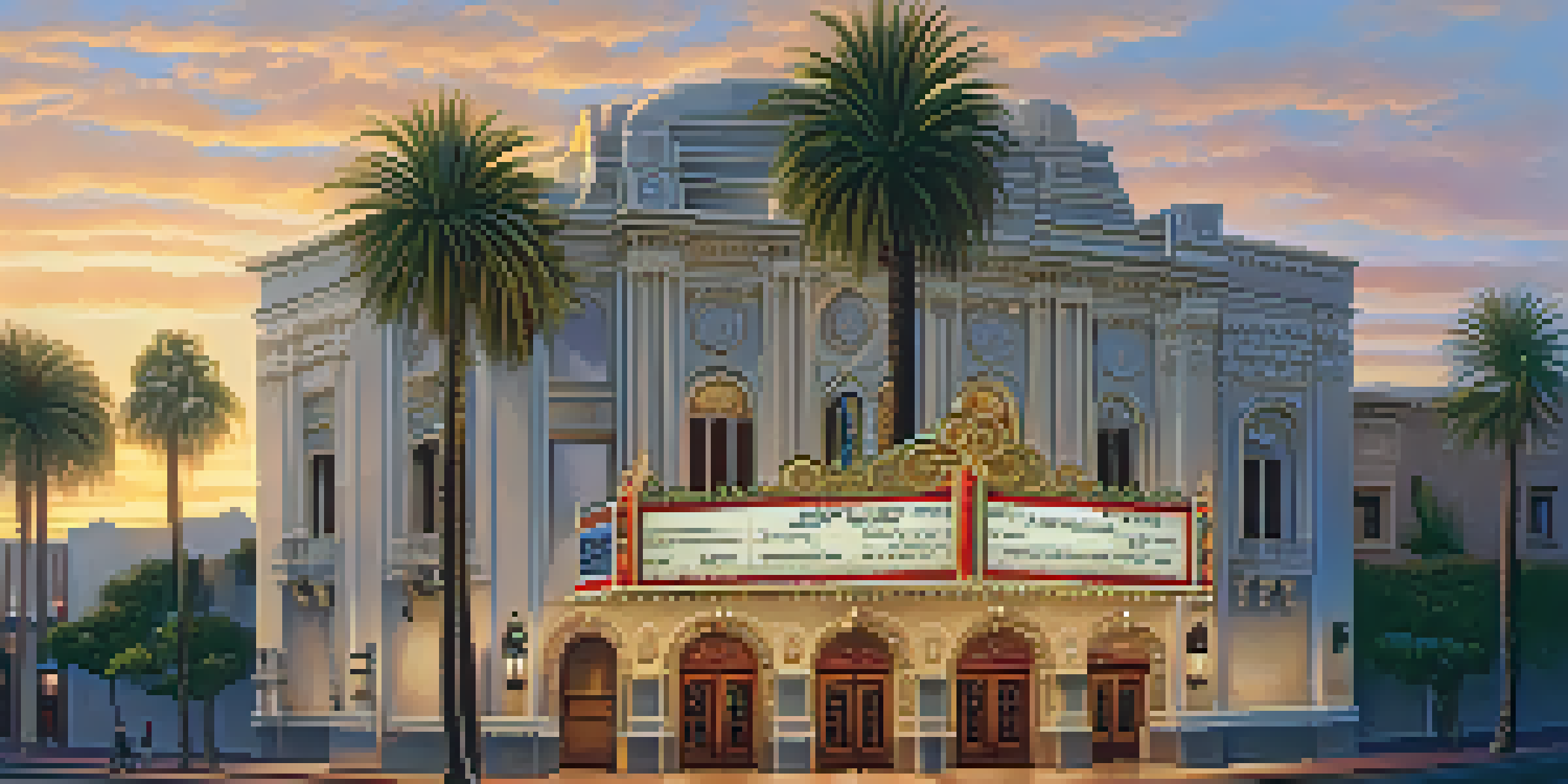 A beautifully lit exterior of the Balboa Theatre, displaying its Spanish Baroque architecture and inviting entrance.