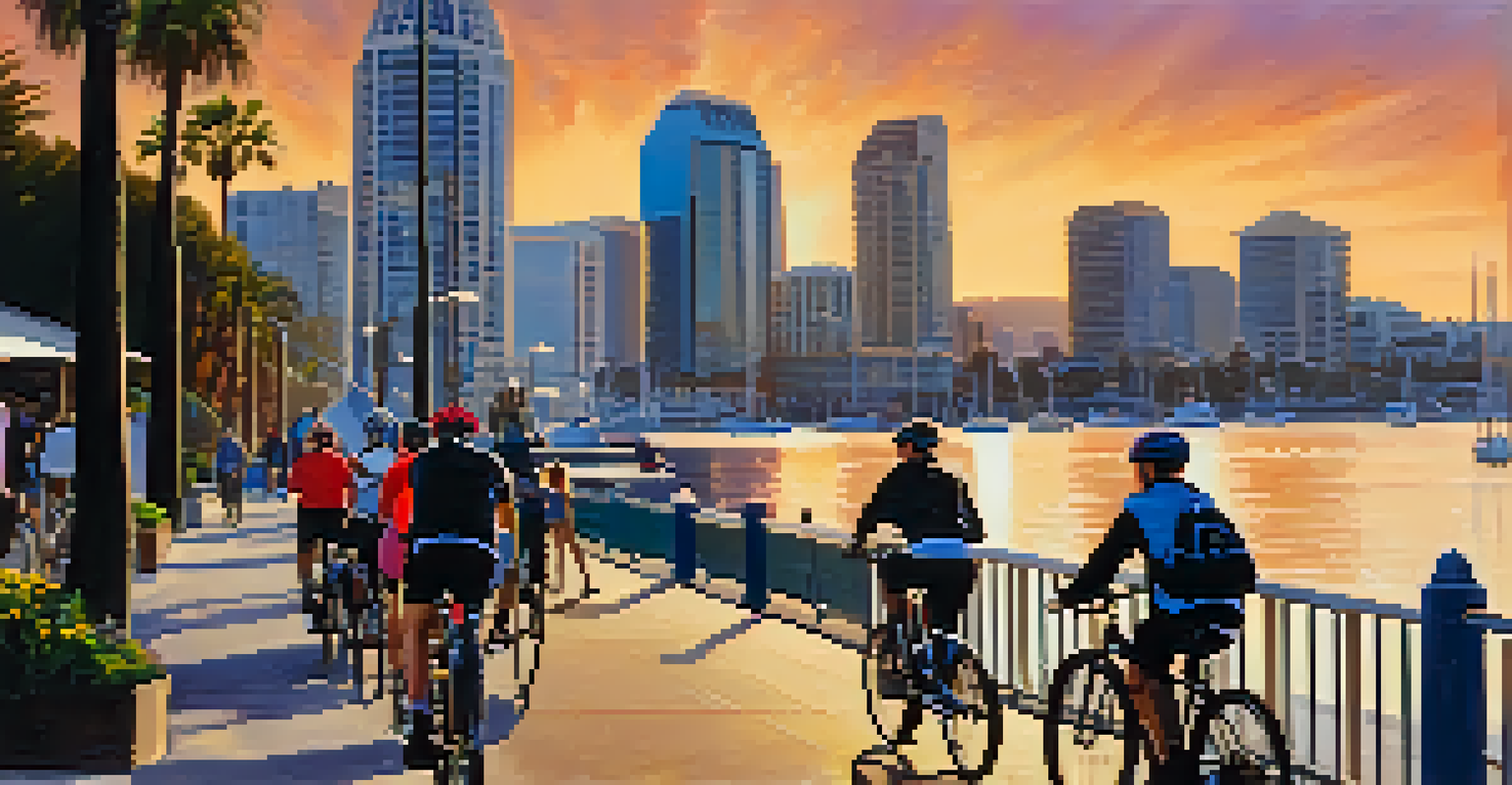 Cyclists riding along the Embarcadero Trail in San Diego, with the city skyline and waterfront in the background during sunset.