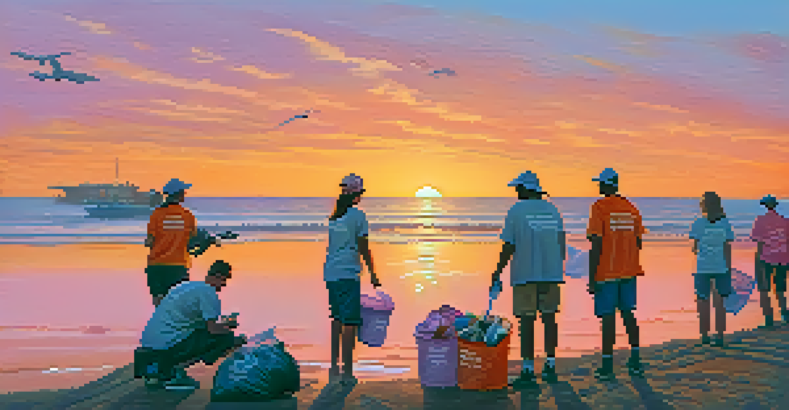 Volunteers participating in a beach cleanup at sunset, with beautiful colors in the sky and a sense of community.