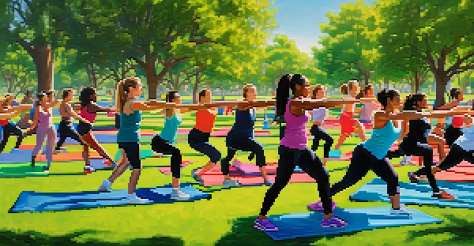 A lively outdoor fitness class in a park with diverse participants, green trees, and a clear blue sky.