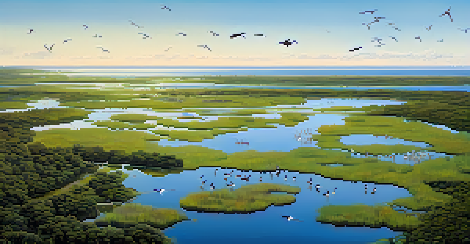 Aerial view of a coastal wetland, showcasing rich biodiversity with plants and wildlife.