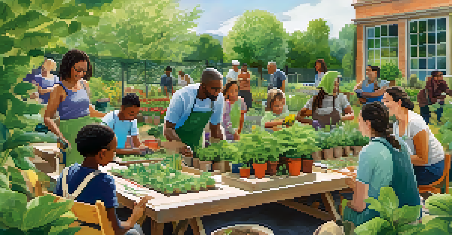 A community gardening workshop with diverse participants learning about planting techniques surrounded by lush green plants.