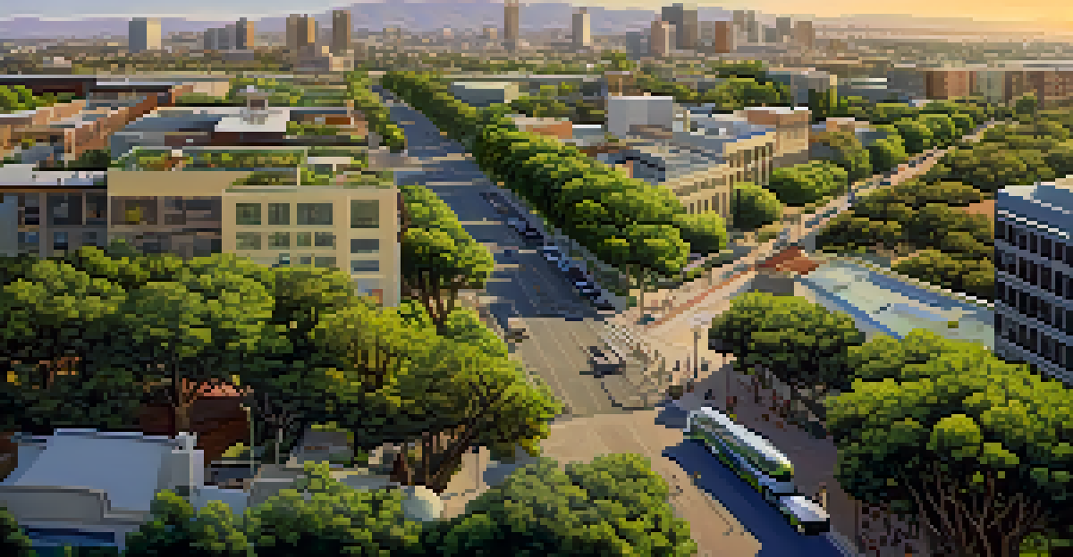 Aerial view of San Diego showing urban development, green parks, and sustainable transportation options like electric buses and bicycles.