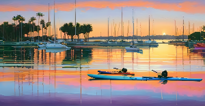 A peaceful sunset over Mission Bay with kayaks and paddleboards on calm waters, surrounded by green parks and sandy beaches.