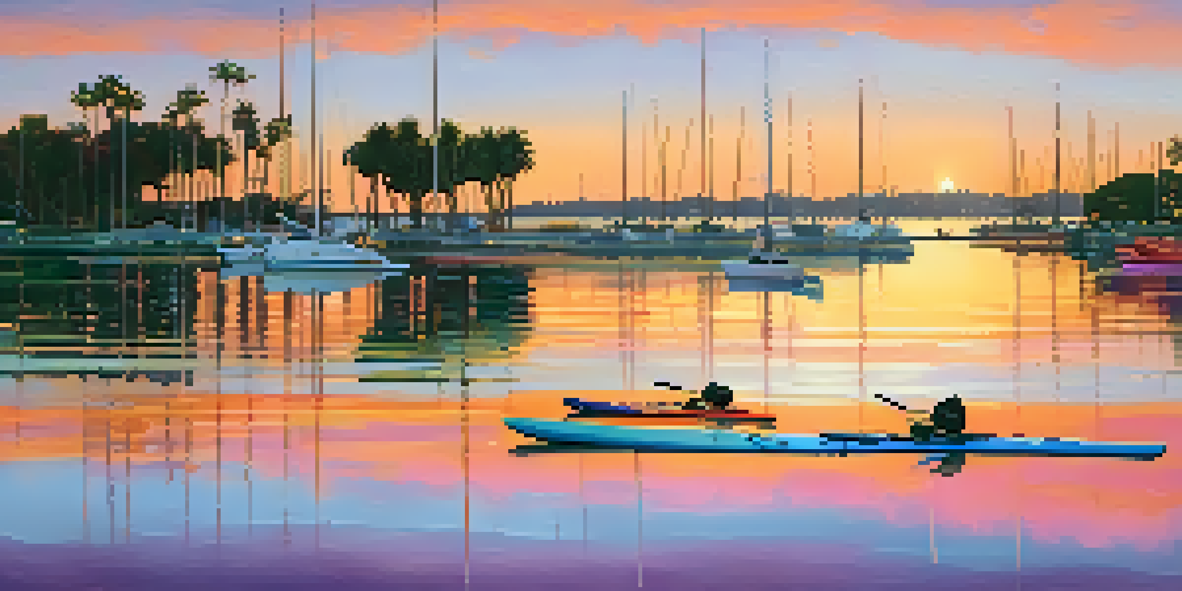 A peaceful sunset over Mission Bay with kayaks and paddleboards on calm waters, surrounded by green parks and sandy beaches.