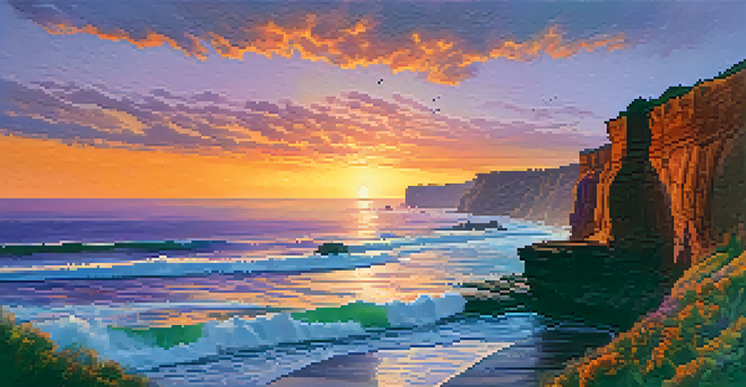 A breathtaking sunset over the ocean with cliffs in the foreground and silhouettes of people enjoying the view.