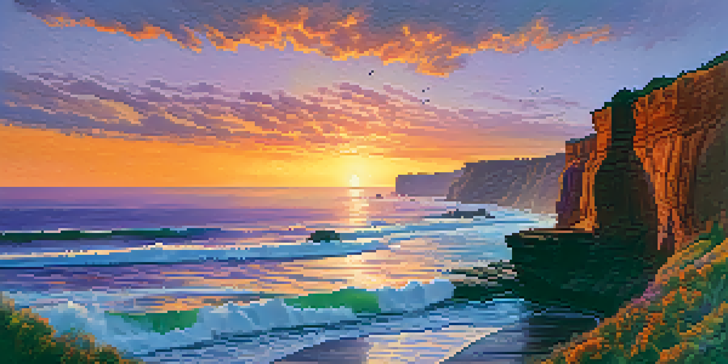A breathtaking sunset over the ocean with cliffs in the foreground and silhouettes of people enjoying the view.