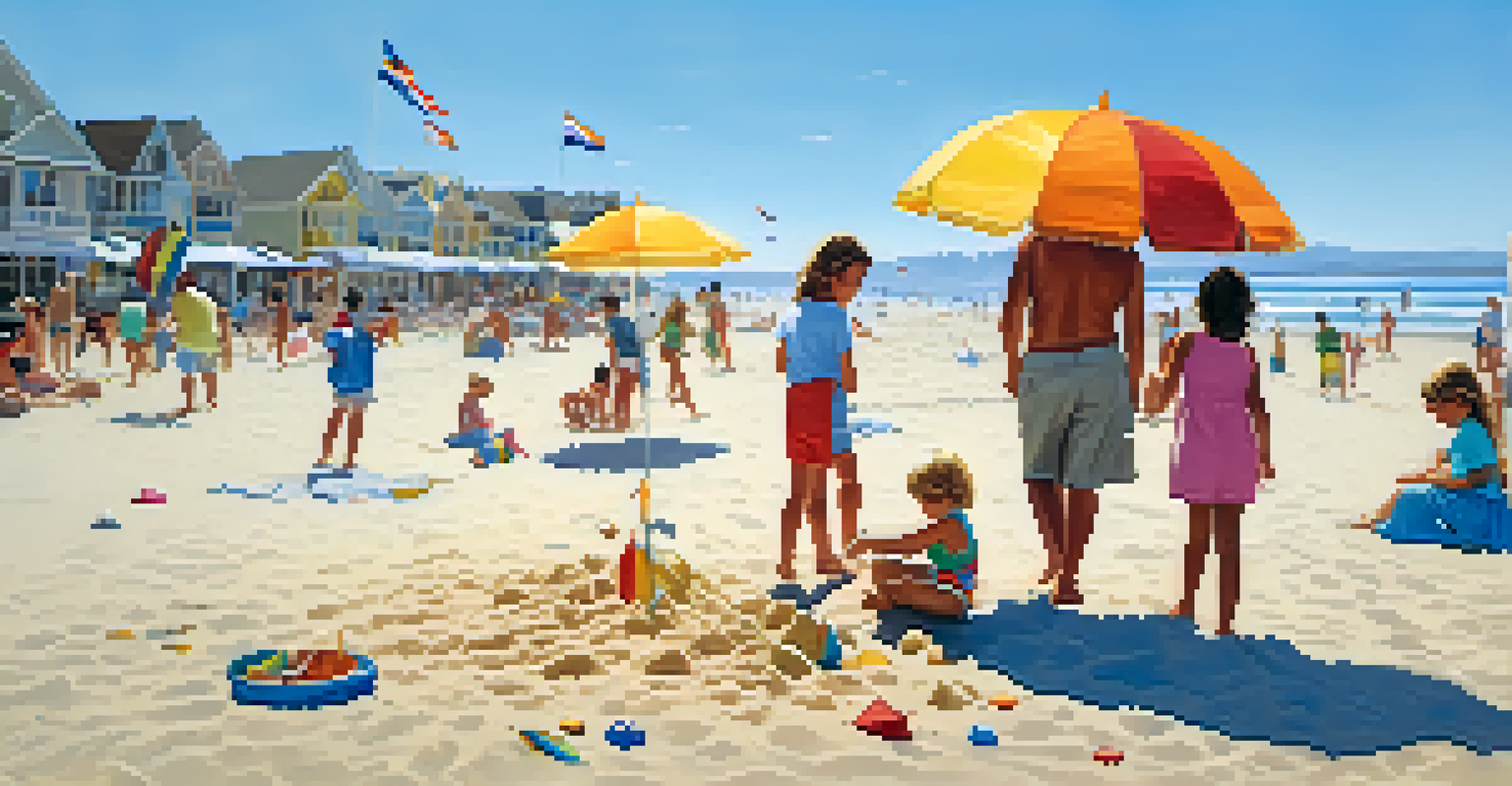 A family enjoying a sunny day on Coronado Beach, building sandcastles and flying kites.