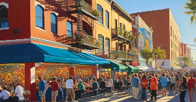 A busy art walk in Little Italy, San Diego, with people watching street performances and artists painting.