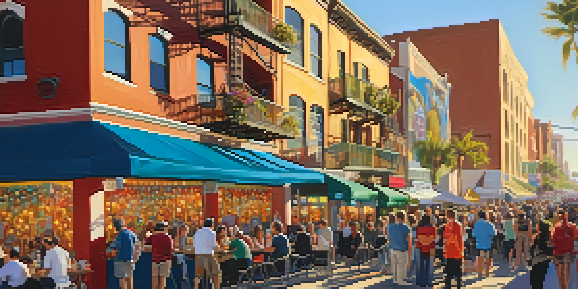 A busy art walk in Little Italy, San Diego, with people watching street performances and artists painting.