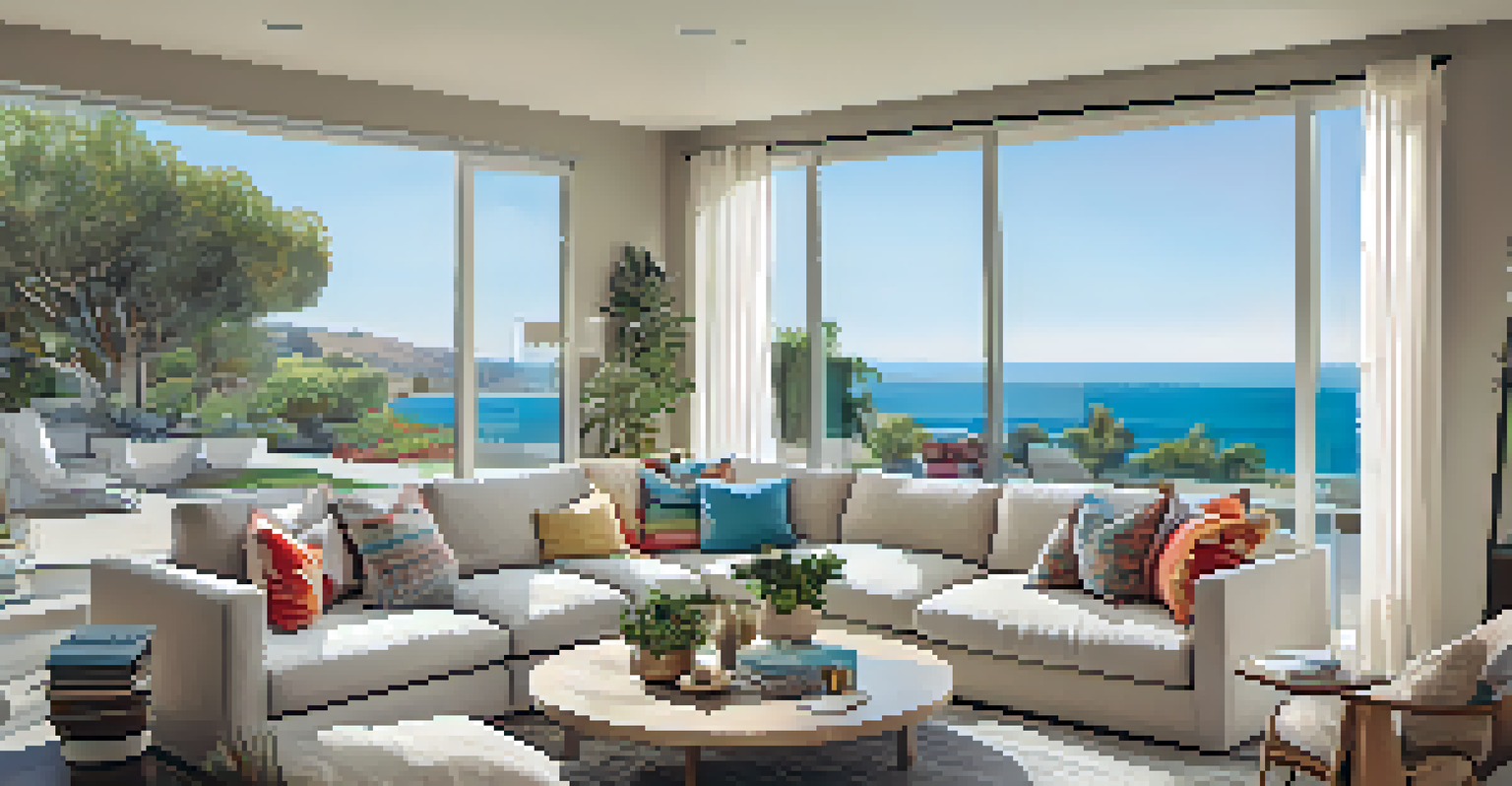 Modern living room in a San Diego home with large windows, plants, and ocean view.