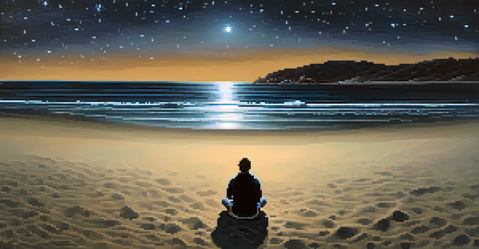 A solitary person sitting on the sand at Silver Strand State Beach, surrounded by a starry sky and moonlit ocean.