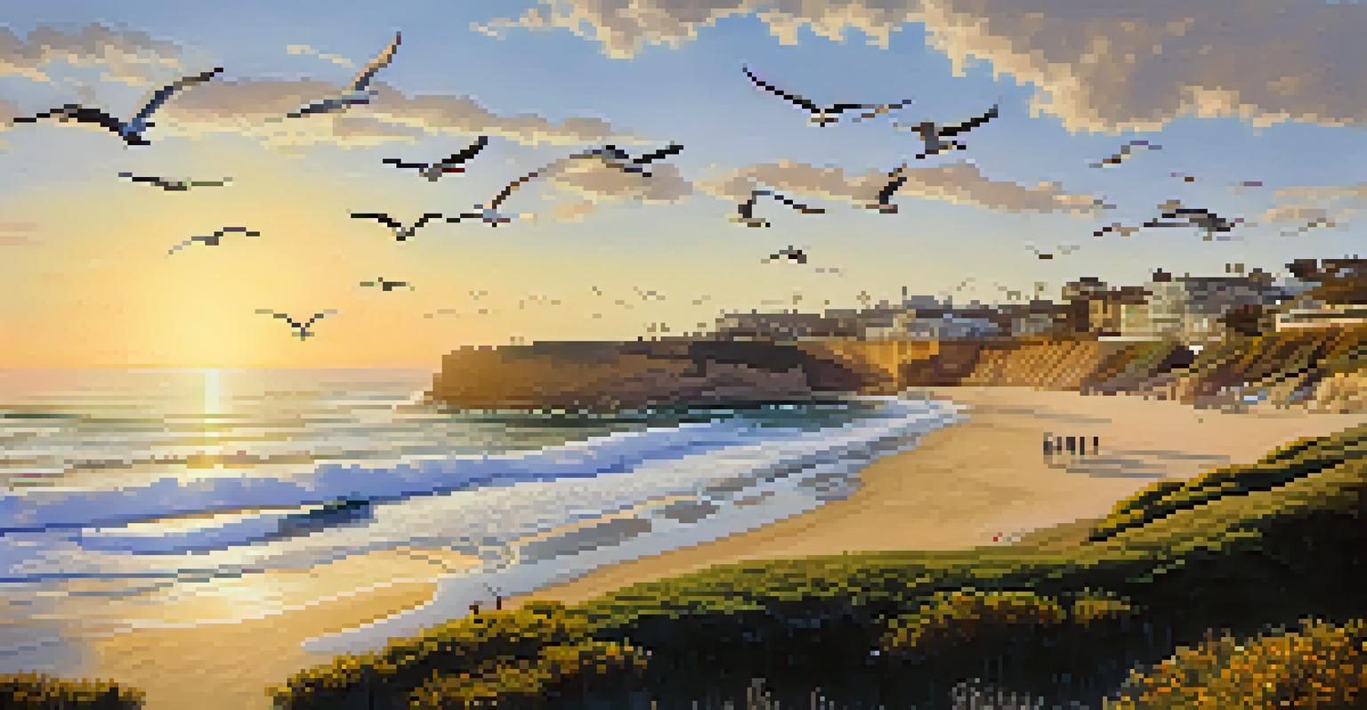 A beautiful sunset at La Jolla Cove, showcasing golden waves, beachgoers on the shore, and cliffs along the coastline.