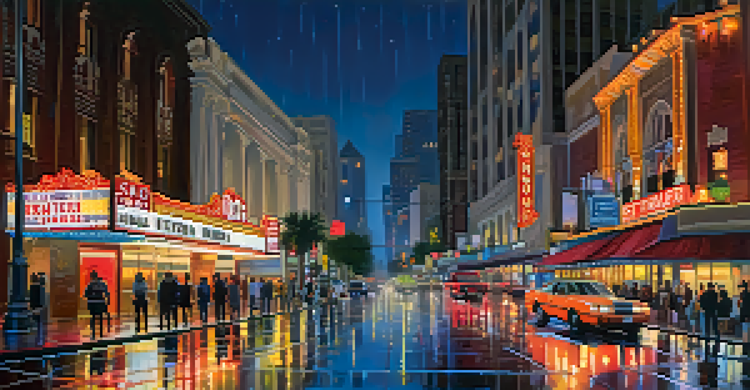 A lively street scene at night featuring historic theaters with neon lights reflecting in puddles, bustling crowds enjoying the vibrant atmosphere.