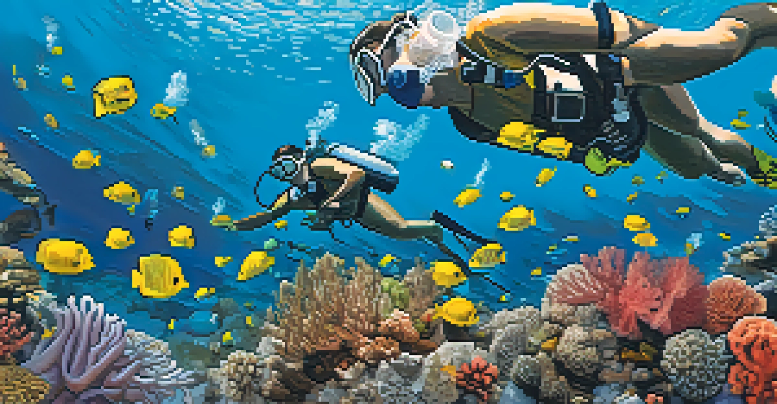 Marine scientists and volunteers working on coral restoration by transplanting coral fragments onto a reef in clear blue water.