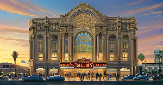A historic theater building with ornate architecture bathed in warm golden light during sunset, with a crowd of diverse people gathered outside.