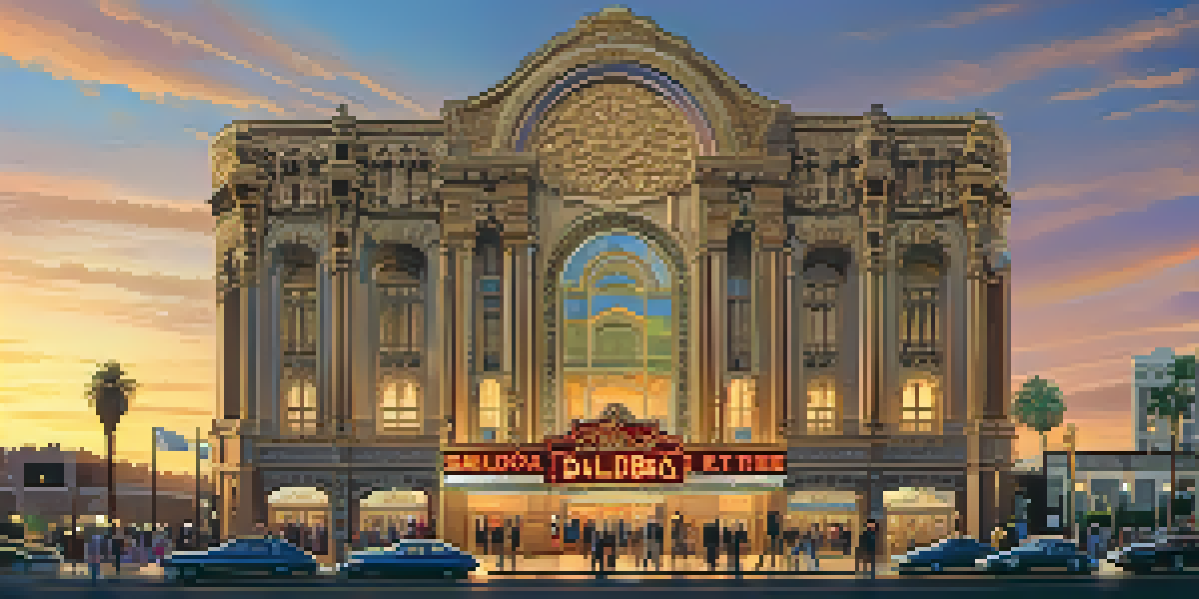 A historic theater building with ornate architecture bathed in warm golden light during sunset, with a crowd of diverse people gathered outside.