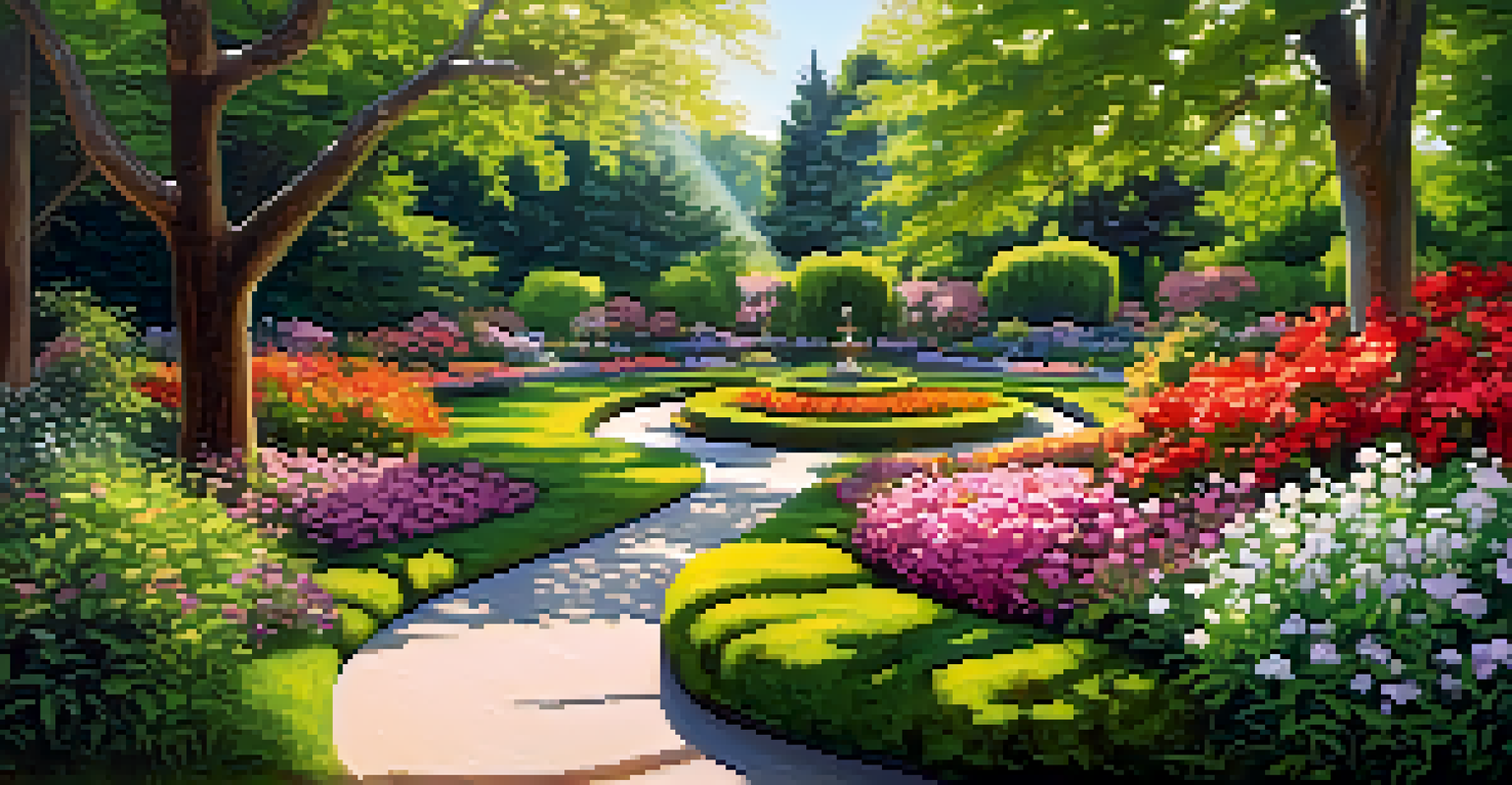 A wide view of a spring garden in bloom, filled with colorful flowers and greenery, illuminated by sunlight.