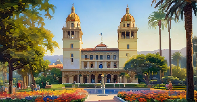 A sunny outdoor view of the California Tower, surrounded by gardens with colorful flowers and intricate architectural details.