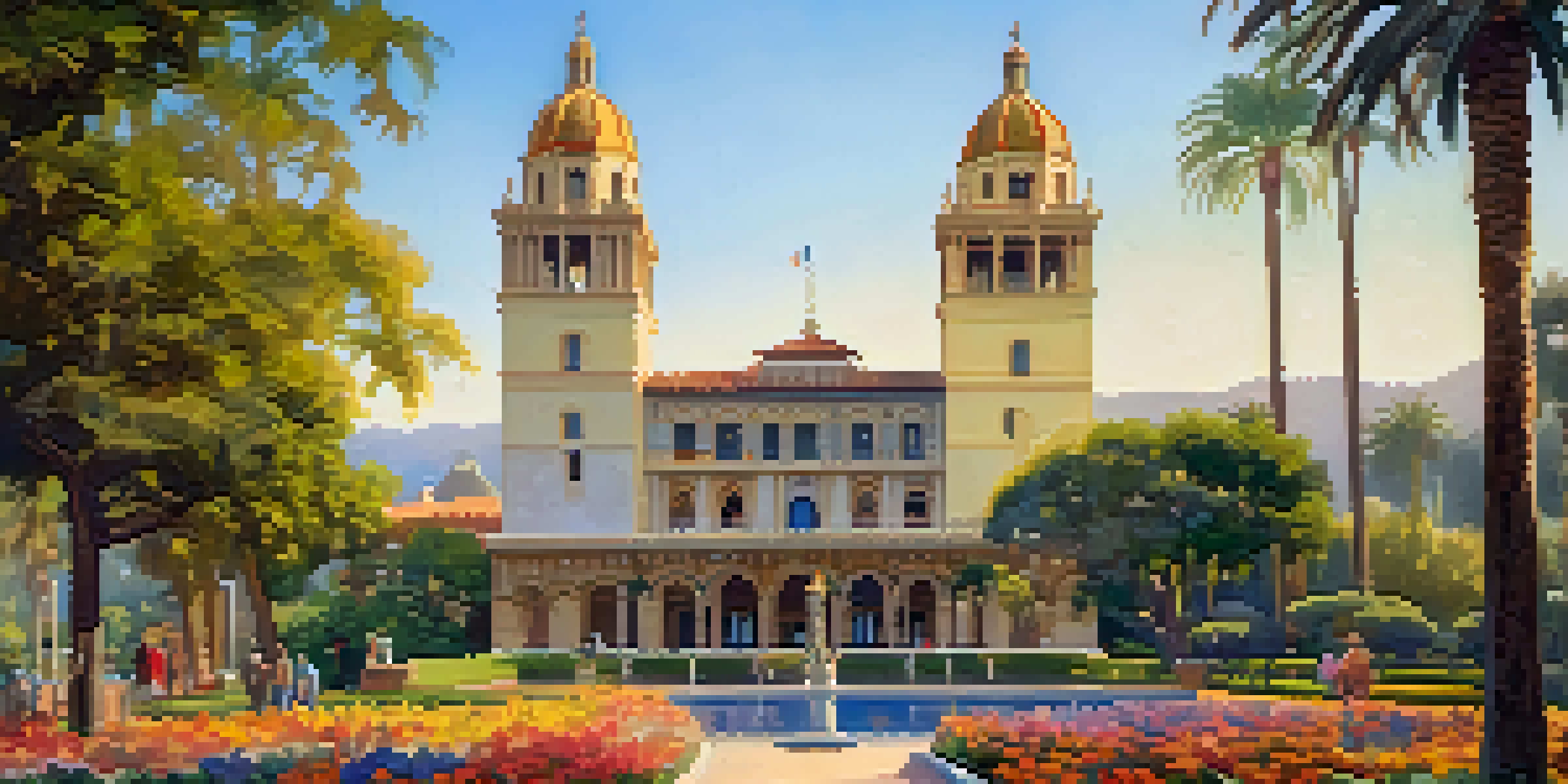 A sunny outdoor view of the California Tower, surrounded by gardens with colorful flowers and intricate architectural details.