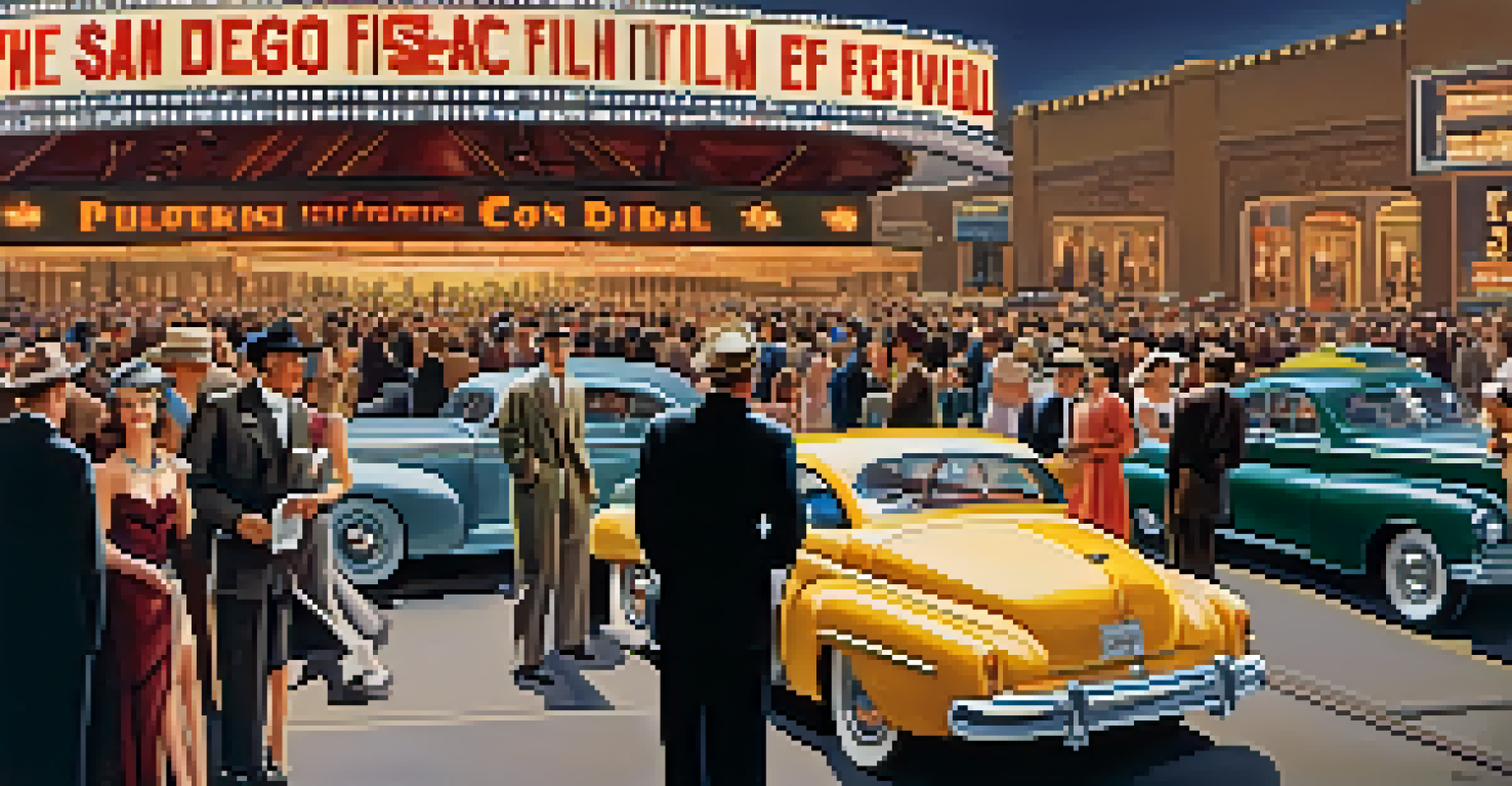A vibrant depiction of the San Diego Film Festival in the 1940s, featuring a grand theater, a crowd in elegant attire, and classic cars.