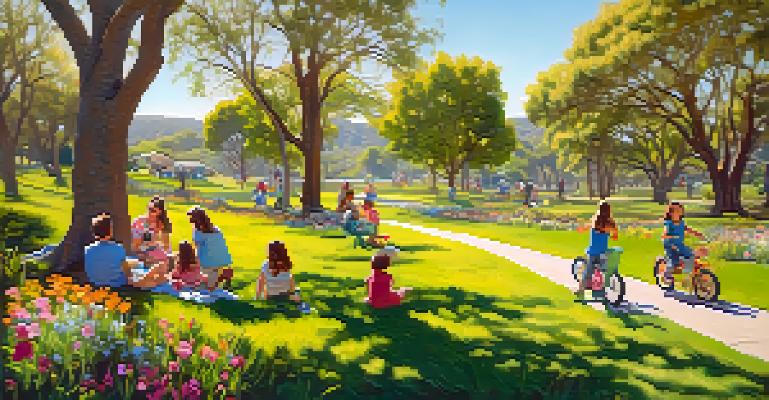A spring landscape in San Diego featuring colorful wildflowers, families picnicking, and children playing in a park.