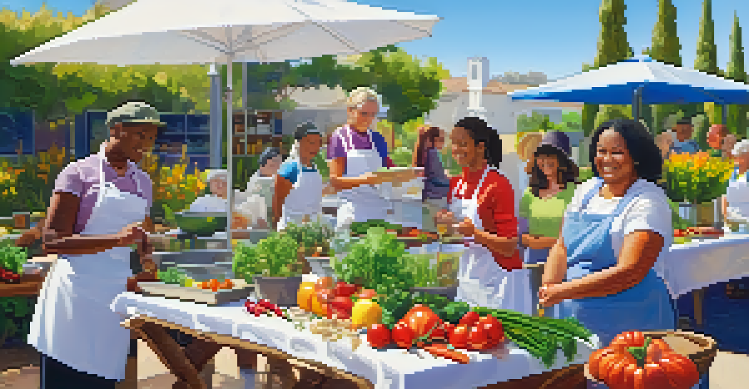 Participants in an outdoor cooking class in San Diego, learning to prepare healthy meals with fresh vegetables and herbs in a sunny garden.