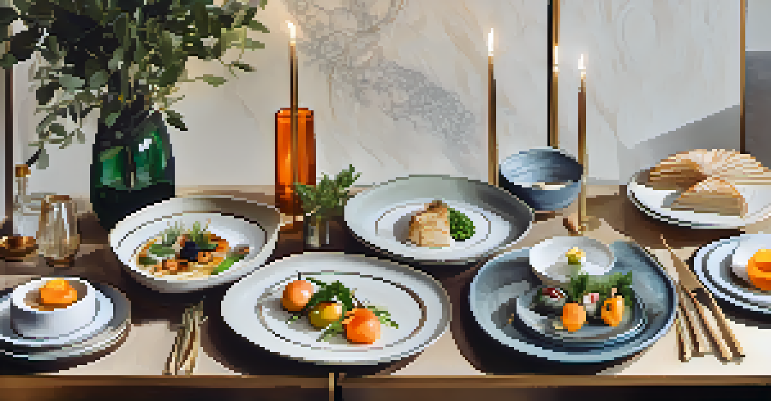An upscale dining table with a beautifully presented dish, showcasing seasonal ingredients and stylish tableware in a modern restaurant setting.