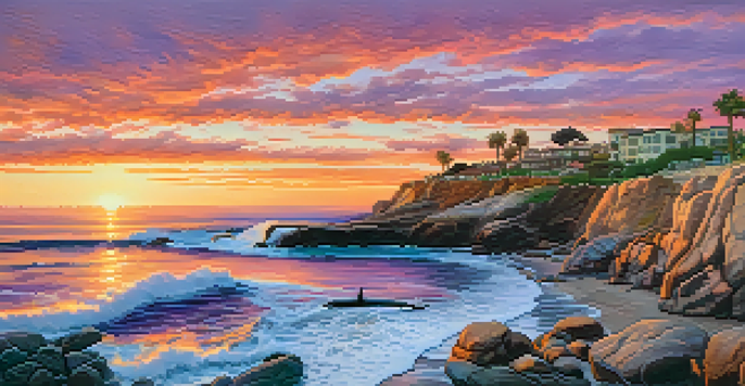 A picturesque sunset at La Jolla Cove with sea lions on the rocks and colorful reflections on the ocean.