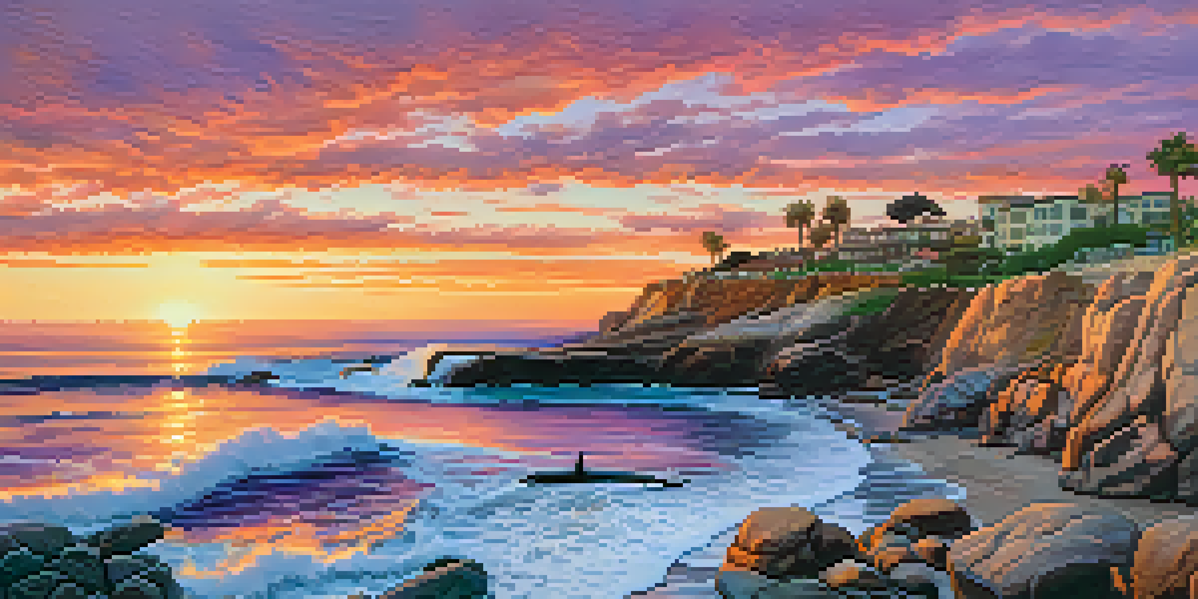 A picturesque sunset at La Jolla Cove with sea lions on the rocks and colorful reflections on the ocean.