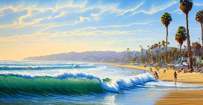 A lively beach in San Diego with surfers catching waves, colorful surfboards on the sand, and palm trees in the background under a clear blue sky.
