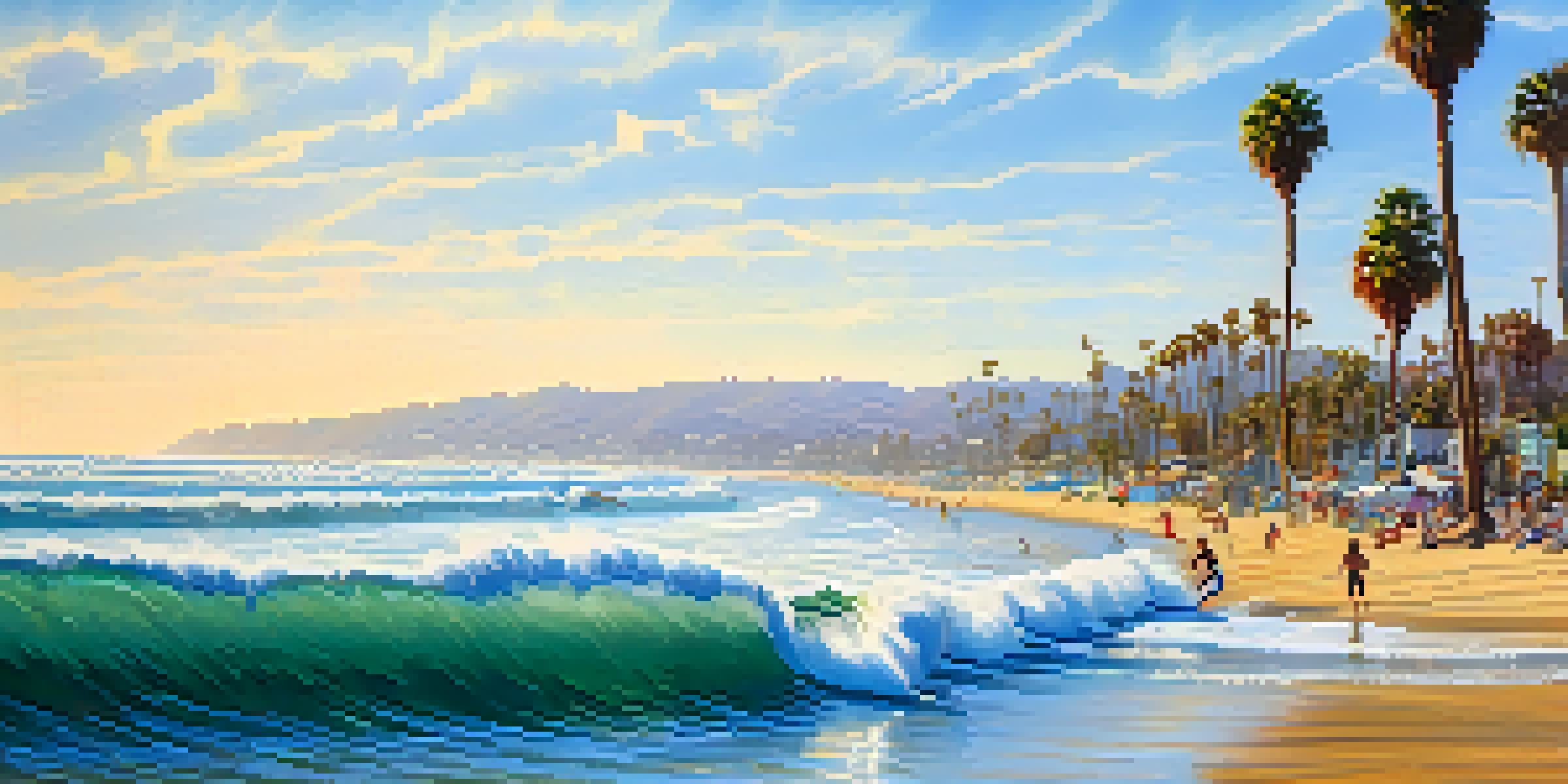 A lively beach in San Diego with surfers catching waves, colorful surfboards on the sand, and palm trees in the background under a clear blue sky.
