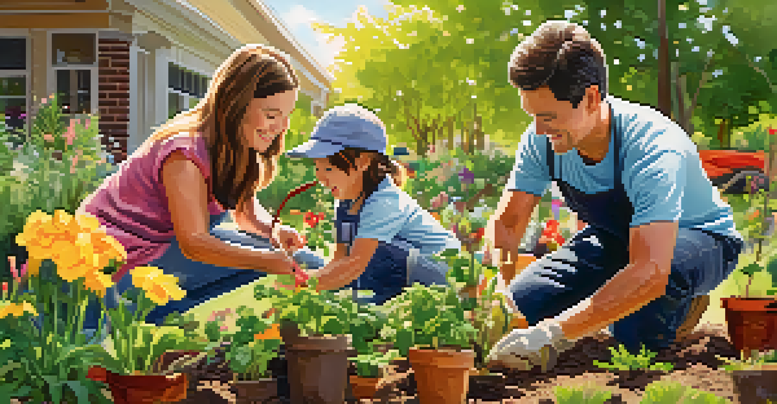 A family planting seedlings together in a community gardening workshop, surrounded by colorful flowers and greenery in a sunlit garden.