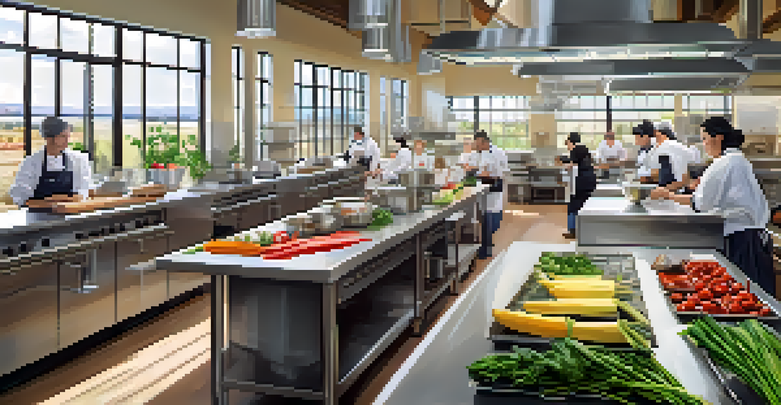 A modern culinary classroom in San Diego where students are actively learning cooking skills with fresh ingredients and contemporary kitchen equipment.
